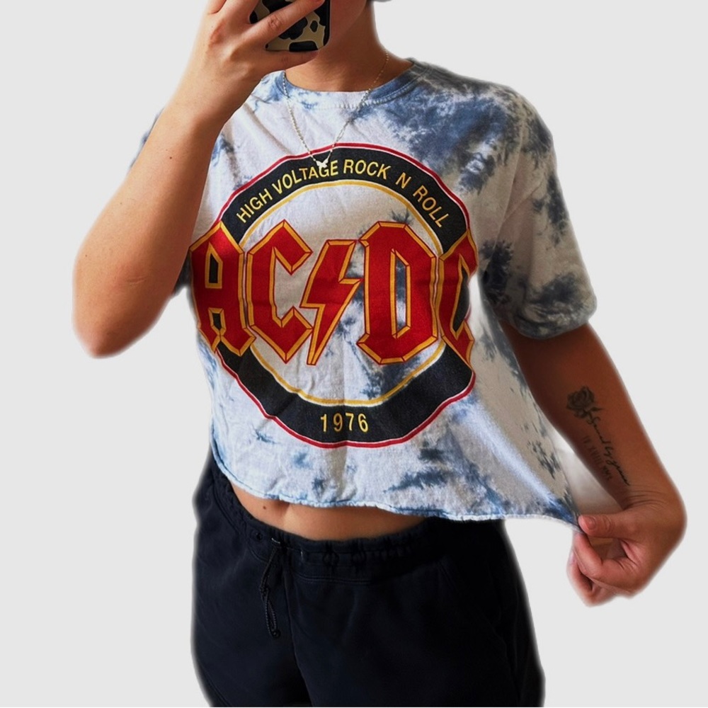 AC/DC Graphic Tie-Dye T-Shirt 80’s Band Cropped Rock and Roll Design